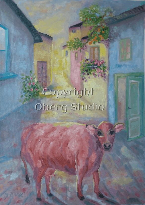 Oil Painting cow in the village